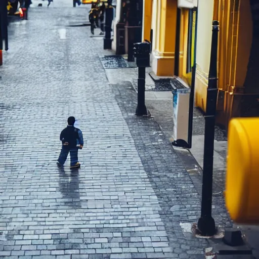 Image similar to person walking in the street in lego blocks