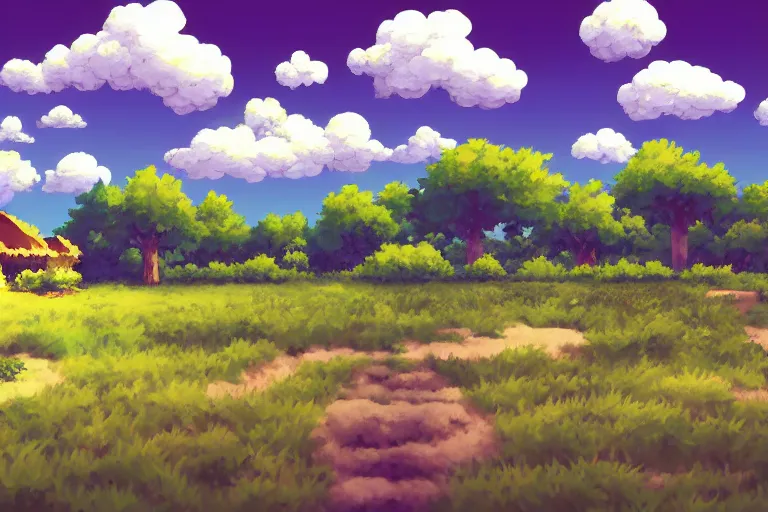 Image similar to landscape, summer, morning, beautiful cloud, quiet, no people, Anime Background, illustration, sharp focus, intricate, super wide angle, trending on artstation, trending on deviantart, pixelart, pixelperfect, pixel art, pixel, color limit, nearest neighbor, hard edges, art of Kirokaze pixel, art of Regular FHC, art of Pixel Jeff Franek, art of Aaron Hain, art of kryssalian, Eastward, Pixpil