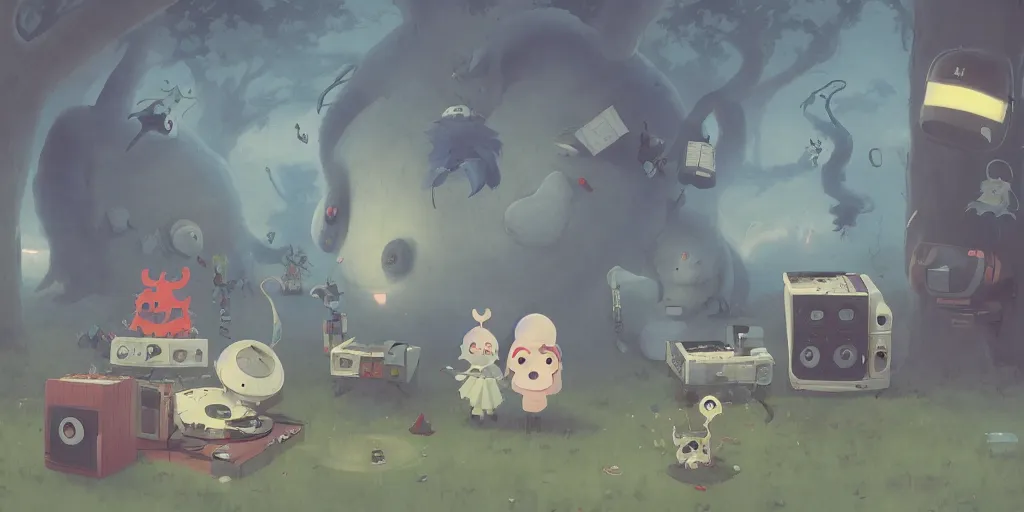 Image similar to cute anime monsters listening to record players by Goro Fujita and Simon Stalenhag and Banksy and Hieronymous Bosch and Edward Gorey, 8k, trending on artstation, hyper detailed, cinematic