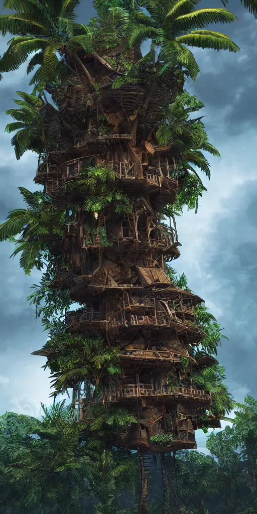 Image similar to ultra realistic and intricate detailed giant tropical tech treehouse on the middle of the tropical paradise, night, high technology, innovation, Dark evil style, artstation, unreal render, depth of field, ambient lighting, award winning, stunning