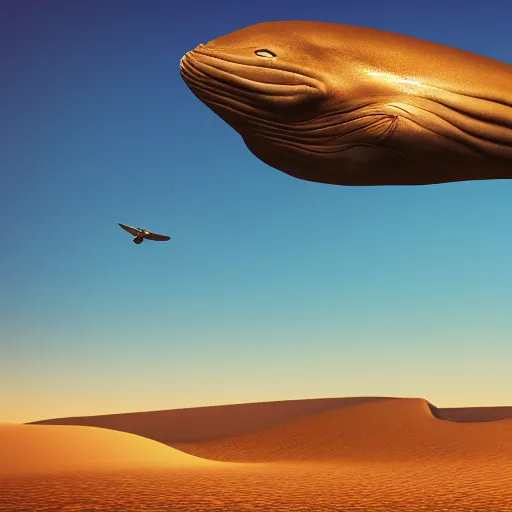 Image similar to a giant whale flying above a desert, golden hour, realism, 4 k, octane render, award winning photograph