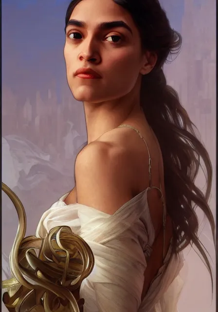 Prompt: alexandria ocasio cortez, intricate, elegant, highly detailed, digital painting, artstation, concept art, smooth, sharp focus, illustration, art by artgerm and greg rutkowski and alphonse mucha and william - adolphe bouguereau