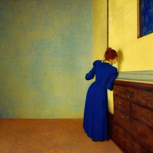 Image similar to close up of a girl in a blue and gold haunted liminal abandoned room, film still by edward hopper, by Pontormo, by klimt, art noveau, highly detailed, strong lights, liminal, eerie, Bright pastel colors