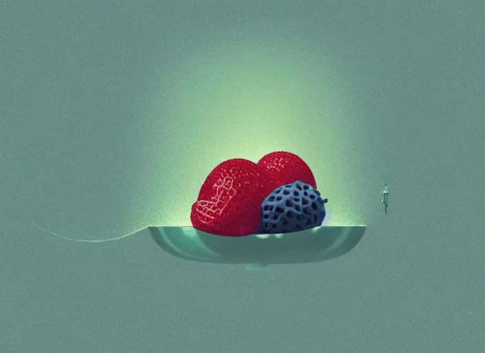 Prompt: ( ( dithered ) ), editorial illustration strawberries blueberries sliced kiwi sliced lemon inside a clear drinking bottle, isometric, modern art deco, mads berg, karolis strautniekas, christopher balaskas, stippled light, fog, fine texture, dynamic composition, matte print, muted color