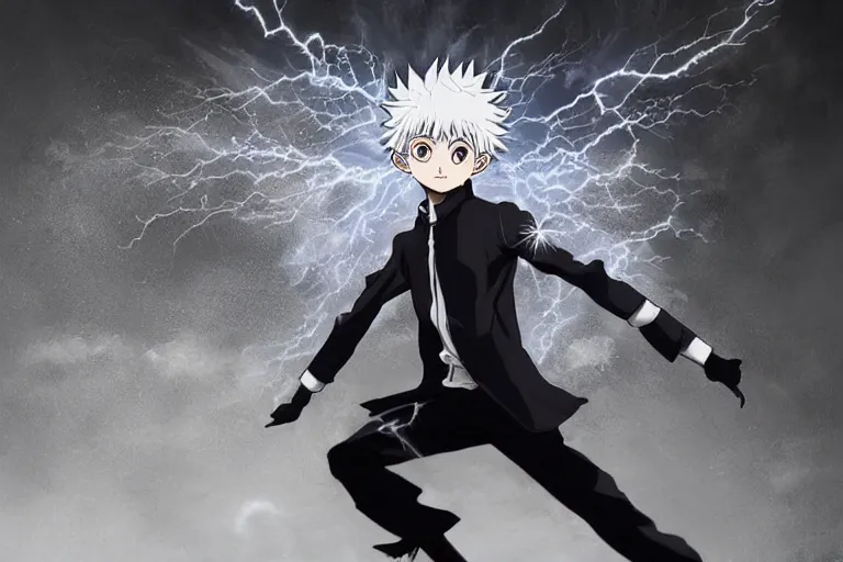 Image similar to killua lightning speed photography by david yarrow anime concept art jojo's bizarre adventure hirohito araki hyperrealistic live action raytracing