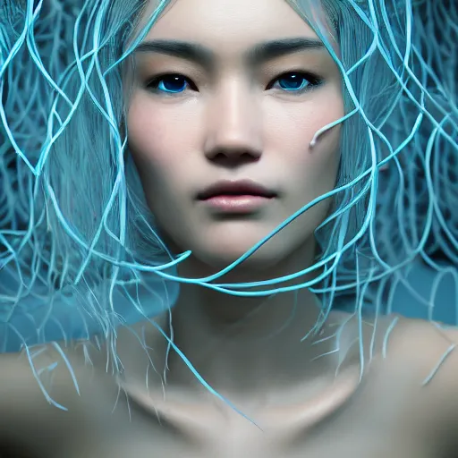 Image similar to intricate highly detailed face portrait of asian - european woman, light blue plastic vines on her face, intricate, cgsociety, unreal engine, octane render, sharp focus, smooth, volumetric lighting, cinematic composition, artstation