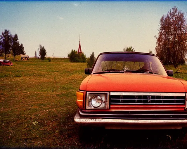 Image similar to a lomographic photo of old lada 2 1 0 7 standing in typical soviet yard in small town, hrushevka on background, cinestill, bokeh