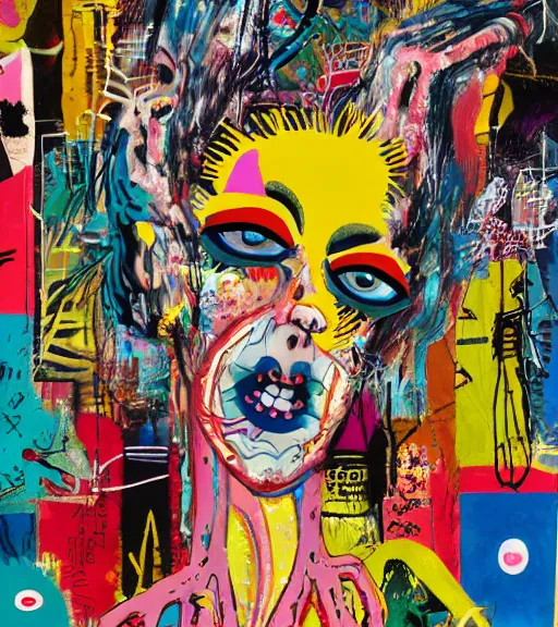 Prompt: acrylic painting of a bizarre psychedelic woman in japan surrounded by whimsy and magic, mixed media collage by basquiat and jackson pollock, maximalist magazine collage art, retro psychedelic illustration