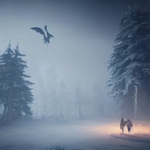 Image similar to the wild hunt, otherworldly spectres riding in the sky, bad omen, enchanted forest, blizzard storm, fog, full moon, snowy environment, in the style of the witcher series, hyperrealism, breathtaking, award winning, groundbreaking, octane render, unreal 5, intricate digital art, 8 k high resolution