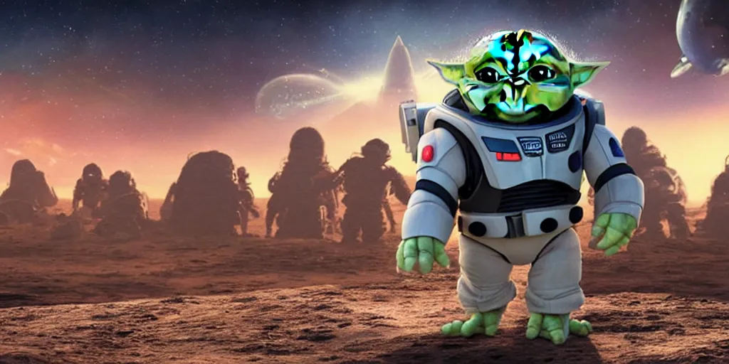 Image similar to a 3 d rendered movie still, wide - angle shot, 1 0 0 meter in the distance, baby yoda wearing a spacesuit, and exploring cosmos in a super awesome space ship. dramatic lighting, imax, 7 0 mm. science fiction blockbuster movie, buzz lightyear.