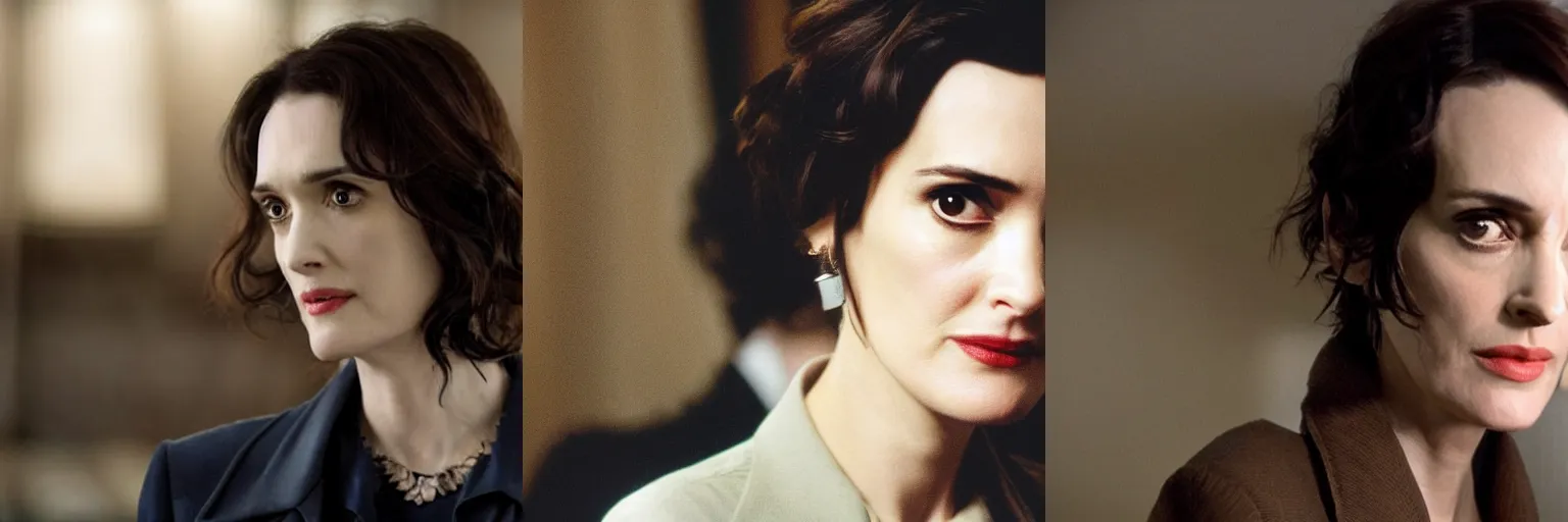 Prompt: close-up of Winona Ryder as a detective in a movie directed by Christopher Nolan, movie still frame, promotional image, imax 70 mm footage