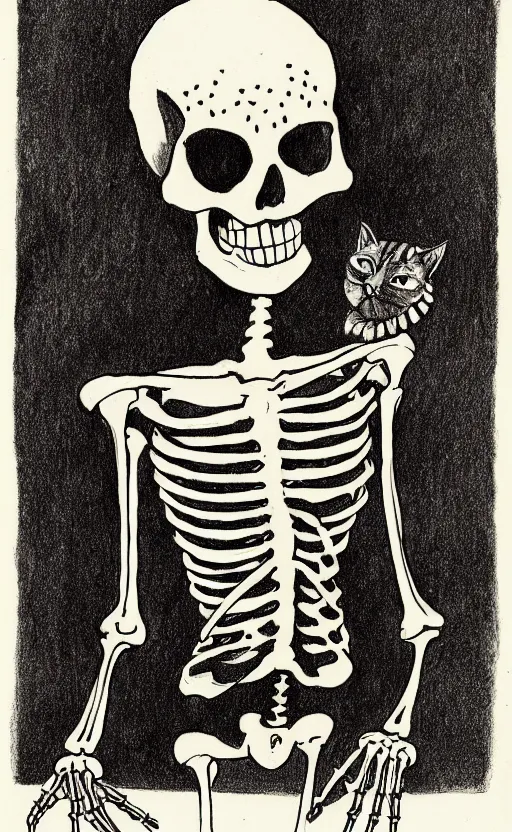 Image similar to a retro Halloween drawing of a skeleton with a cat head