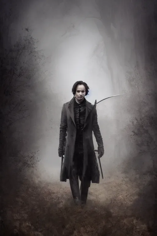 Prompt: Frank Dillane as a vampire hunter full body portrait, seductive, sexy, foggy, London, intricate, wooden stake, silver cross, digital painting, old english, raining, sepia, particles floating, whimsical background by marc simonetti, artwork by liam wong