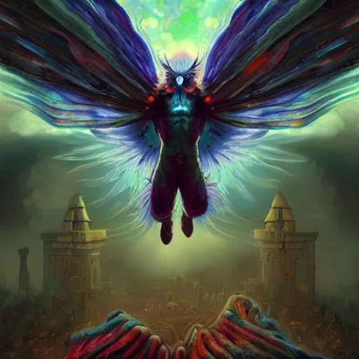 Prompt: 8K headshot Portrait of centered chest up of a psychedelic godlike mothman with giant mandala wings smoking heavily , magic mushroom village in background , post-processing , award winning. superb resolution. in the art style of Tony Takezaki and Greg Rutkowski . Detailed Mushroom city in background. Hyper realistic anime. Perfect art. Dalle2