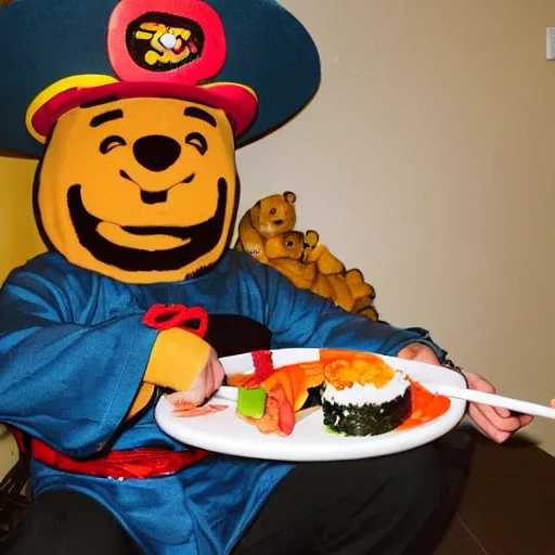Prompt: John Cena wearing a sombrero eating sushi with Winnie the Poo