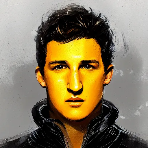 Image similar to portrait of a superhero by greg rutkowski, he looks like miles teller, he is wearing a black, orange and yellow kevlar gear, highly detailed portrait, digital painting, artstation, concept art, smooth, sharp foccus ilustration, artstation hq