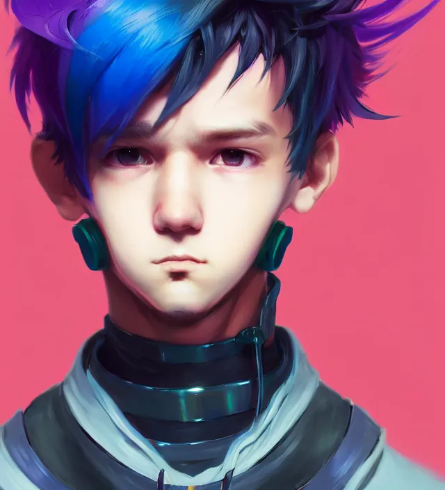 Prompt: character concept art of a cute young cyberpunk boy with colorful hair and collar | | cute - fine - face, pretty face, key visual, realistic shaded perfect face, fine details by stanley artgerm lau, wlop, rossdraws, james jean, andrei riabovitchev, marc simonetti, and sakimichan, trending on artstation
