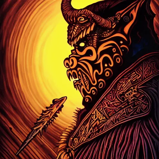 Image similar to side profile of barong family member, wiwek, mara demon, one single tribe member, jungle, one single mask, dark, ancient warrior, werewolf, tribal, inner glow, art by dan mumford and justin gerard