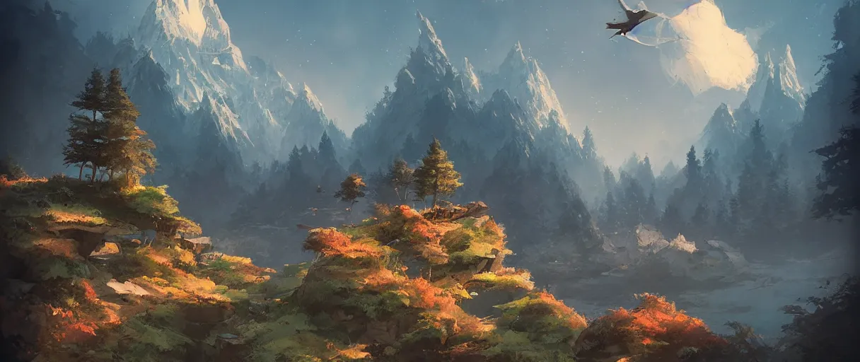 Image similar to floating islands over forest, mountains in background, concept art, low angle, cinematic, style of jordan grimmer