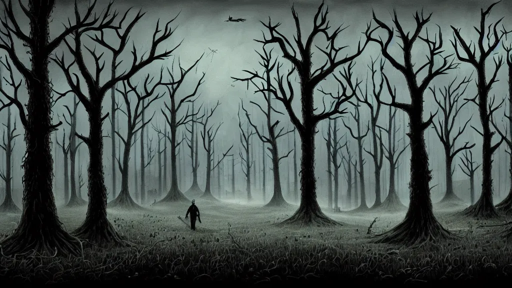 Image similar to folk horror illustration of the place with the dead pines, 8k resolution artwork, horror art, eerie, creepy, trending on artstation, painting, elaborate excellent painted illustration, smooth, sharp focus