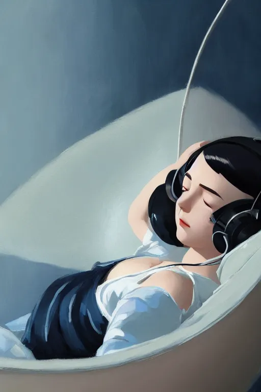 Image similar to a cute young woman lying in a ball chair listening to music with her eyes closed and wearing headphones, black bob cut hair, freckles, cozy setting, blue and white, warm lighting, cinematic, moody, nier automata, poster, oil on canvas, in the style of Ilya Kuvshinov, Krenz Cushart, Range Murata, Eero Aarnio, 8k