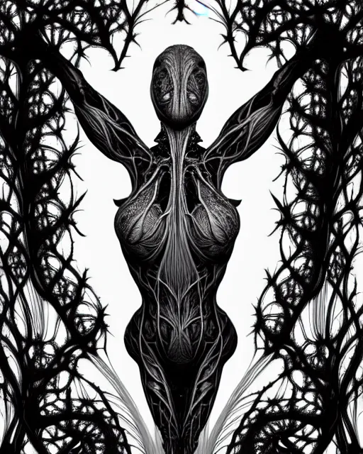 Image similar to a contrasted black and white 3D render of a beautiful female vegetal-dragon-cyborg, 150 mm, orchid stems, ivy, Mandelbrot fractal, anatomical, flesh, facial muscles, microchip, veins, arteries, full frame, microscopic, elegant, highly detailed, flesh ornate, elegant, high fashion, rim light, octane render, 8K in the style of Man Ray