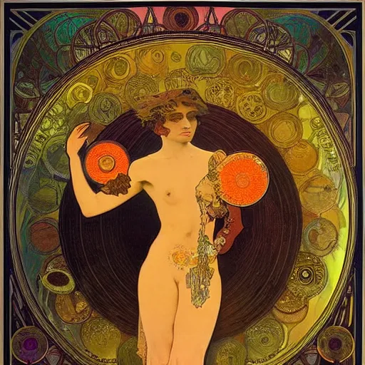 Prompt: A woman with a colored face, standing in gold foil, her face in discs, she has a diamond eye, orange Alphonse Mucha, Ernst Haeckel