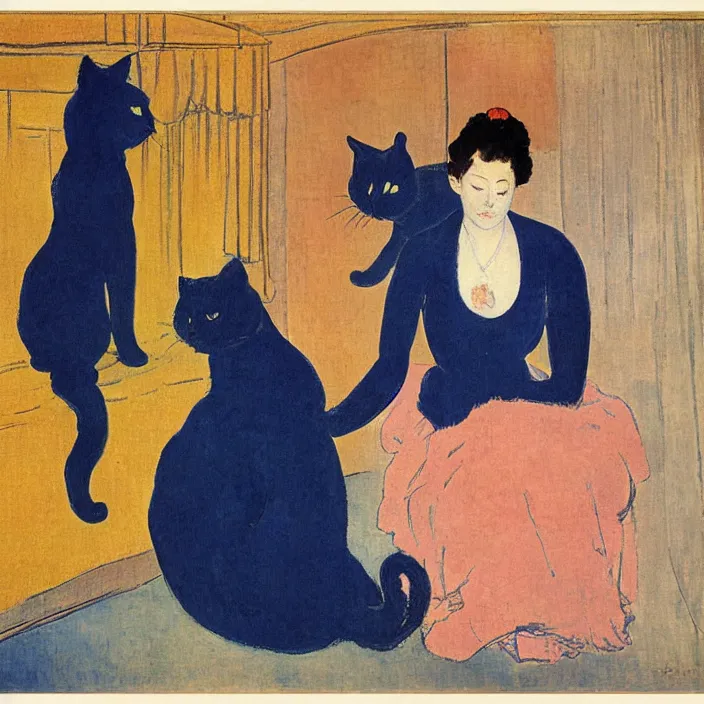 Image similar to couple under a baldachin. deep indigo blue colors, fuzzy black cat. henri de toulouse - lautrec, utamaro, emil nolde, matisse, rene magritte