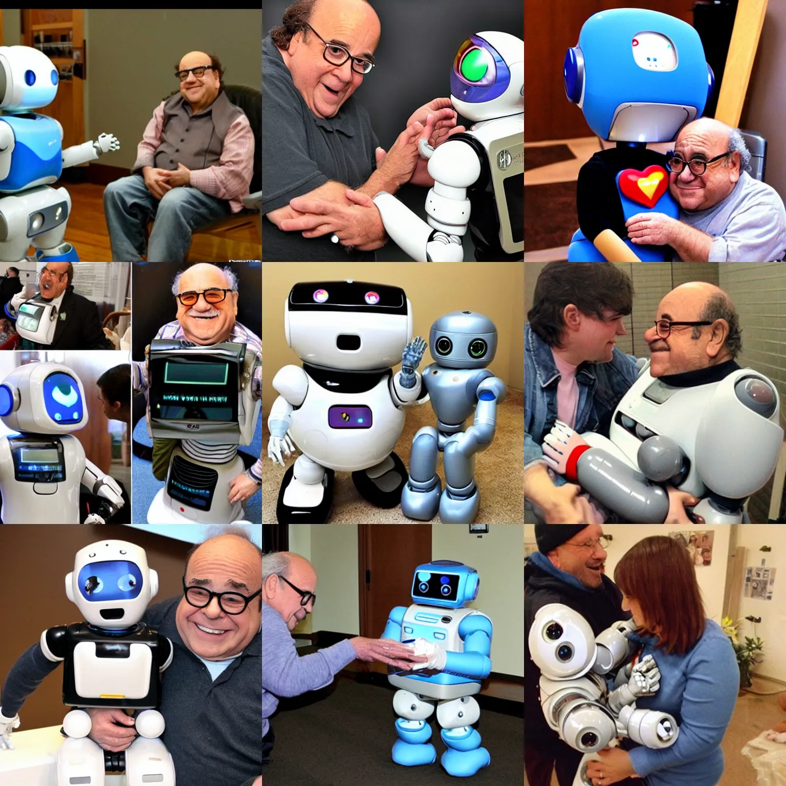 Prompt: <picture meta='attention-grabbing' description='cute adorable friendly caring' robotDesires='hug' caption=accurate>Robot meets Danny DeVito<picture>