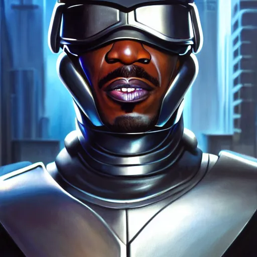 Image similar to epic painting of Cyberpunk Eddie Murphy as Beverly Hills Robocop, soft details, extremely detailed and coherent, matte painting oil on canvas by mark arian by artgerm, 4k, 8k, HD, trending on artstation