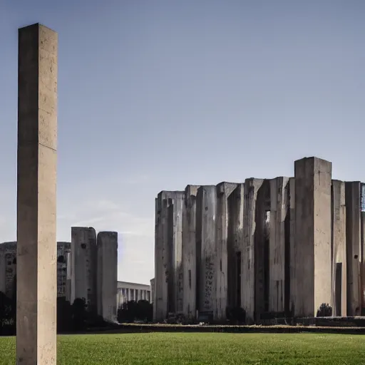 Image similar to a huge brutalist building with roman empire insignia hanging from the top of it