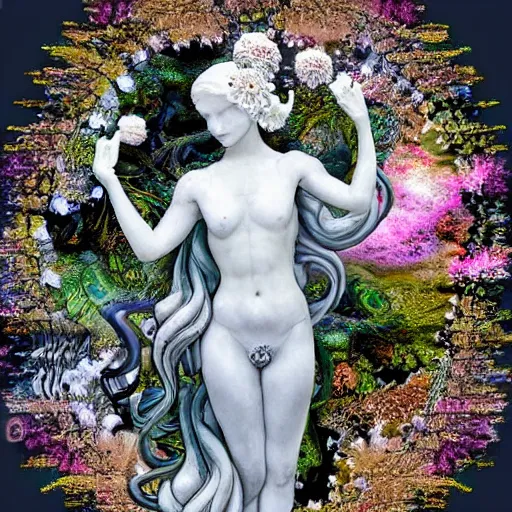 Image similar to a fully dressed idealistic marble statue with fractal flowery hair in a fractal garden, glowing delicate flower and mushrooms that grow in a dark fatansy forest on the planet pandora,, symmetrical,