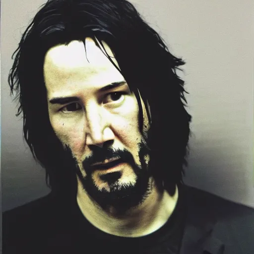 Prompt: a photo portrait photo of keanu reeves mugshot after being arrested, holding a sign with random numbers, 8 k resolution, photorealistic