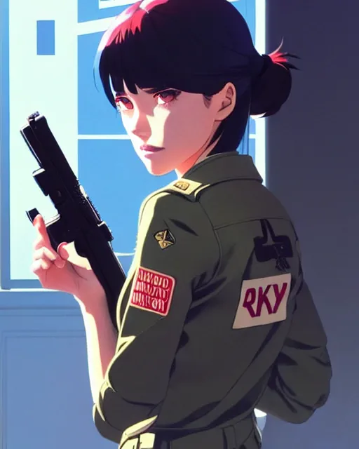 Image similar to girl wearing uniform, holding gun | | audrey plaza, fine detail!! anime!! realistic shaded lighting!! dramatic!! poster by ilya kuvshinov katsuhiro otomo ghost - in - the - shell, magali villeneuve, artgerm, jeremy lipkin and michael garmash and rob rey