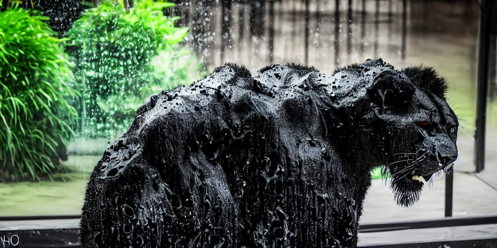 Image similar to the black lioness made of ferrofluid, in the zoo exhibit, viscous, sticky, full of black goo, covered with black goo, splattered black goo, dripping black goo, dripping goo, splattered goo, sticky black goo. photography, dslr, reflections, black goo, zoo, exhibit