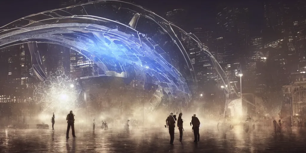 Prompt: policemen protecting a huge spiral - shaped bright white luminous attractor that is floating right in the center of the city from protesting people,, rain and light fog, professional lighting, concept art in 3 d, high detail, professional lighting, unreal engine