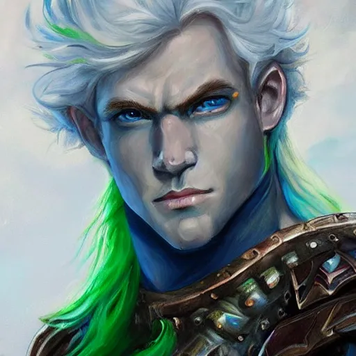 Image similar to oil painting of a beautiful platinum blond curly haired cleanshaven himbo with heterochromia, one blue eye one green eye, wearing heavy armor, d & d fantasy concept art