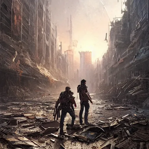 Image similar to a man wearing junk armor and scrapped jeans and holding an shotgun standing behind an apocalyptic city, Matte painting , detailed painting, greg rutkowski