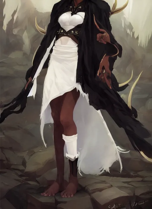Image similar to concept art painting of a woman with brown skin and short white hair, demon horns, elf ears, full clothing, black clothes, blue robes, detailed, cel shaded, in the style of ruan jia and artgerm and makoto shinkai and james gurney