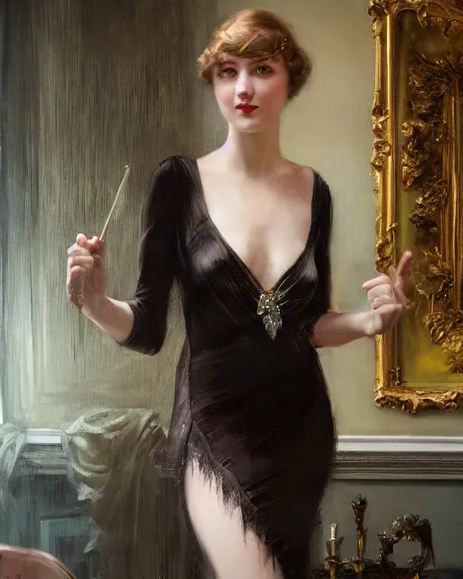 Image similar to daniel gerhartz and artgerm portrait digital realist painting of a 1 9 2 0 s beautiful woman at a party in a mansion, mansion interior in the background, unreal engine, hyper realism, realistic shading, cinematic composition, realistic render, octane render, detailed textures, photorealistic, ultrawide shot, 3 5 mm film