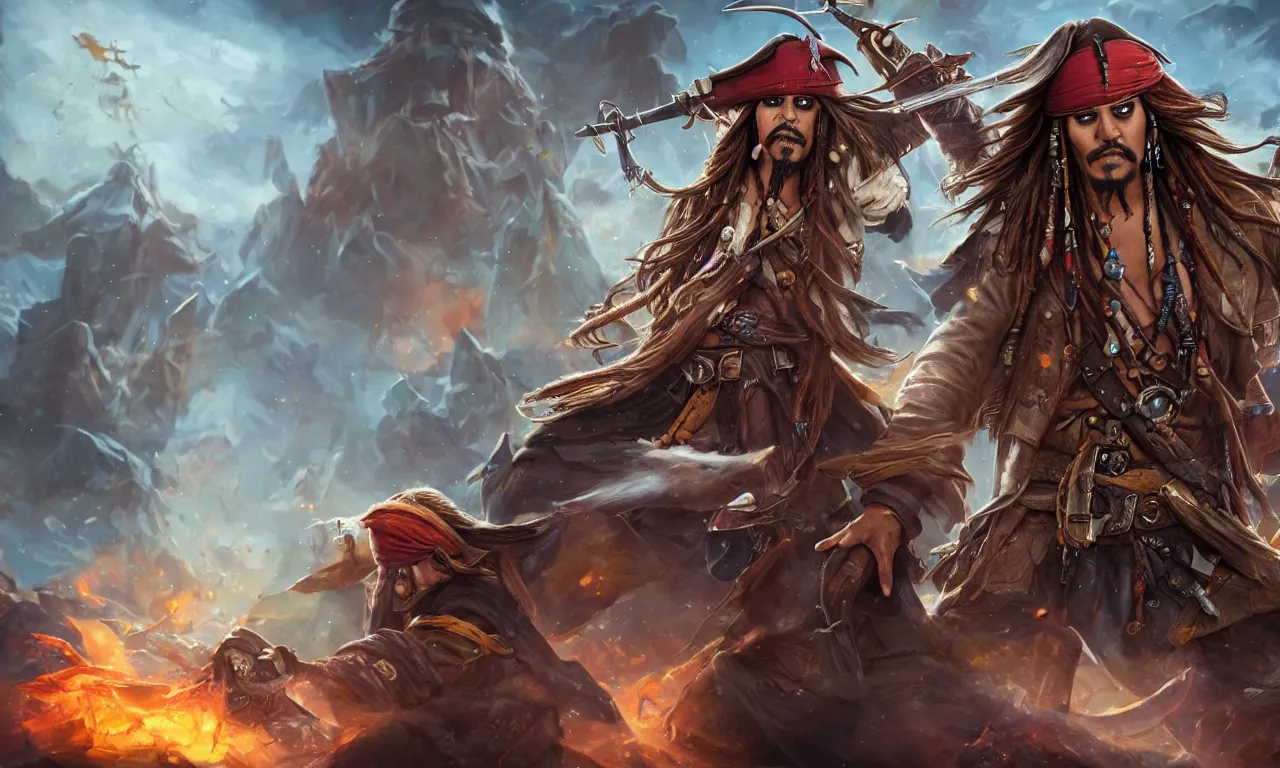 Image similar to jack sparrow as a league of legends character, champion splash art, mixed media, digital art, trending on artstation, 8k, epic composition, highly detailed, AAA graphics