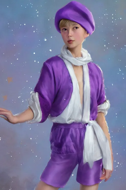 Prompt: Full View girl with short blond hair wearing an oversized purple Beret, Baggy Purple overall shorts, Short Puffy pants made of silk, silk shoes, a big billowy scarf, Golden Ribbon, and white leggings Covered in stars. Short Hair. peasant magic. masterpiece 4k digital illustration by Ruan Jia and Mandy Jurgens and Artgerm and william-adolphe bouguereau, award winning, Artstation, art nouveau aesthetic, Alphonse Mucha background, intricate details, realistic, panoramic view, Hyperdetailed, 8k resolution, intricate art nouveau