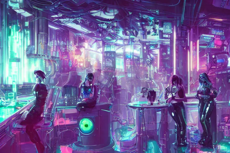 Prompt: cyberpunk nightclub, girls and female robots drinking radioactive glowing drinks from scientific glassware, loose wires and sparks, in the style of Yoshitaka Amano, Marc Simonetti, Riabovitchev, Artstation