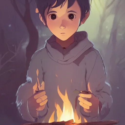 Prompt: a child with grey skin with blues and short brown hair, holding fire in hands, forest background, highly detailed, digital painting, artstation, matte, by makoto shinkai, animation style, studio ghibli, anime key visual