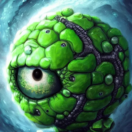 Image similar to a giant one - eyed bumpy wrinkly ball sphere green pea, with boney arms and a single sauron eye, lovecraft, trending on artstation, 4 k, video game art, oil painting