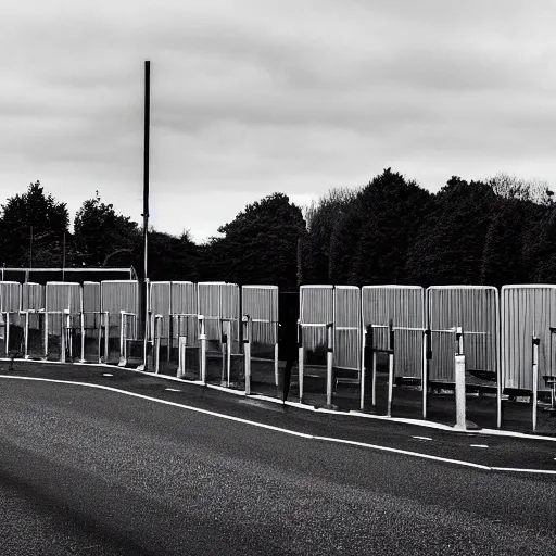 Prompt: a bleak photograph of a police checkpoint in suburban england by donovan wylie