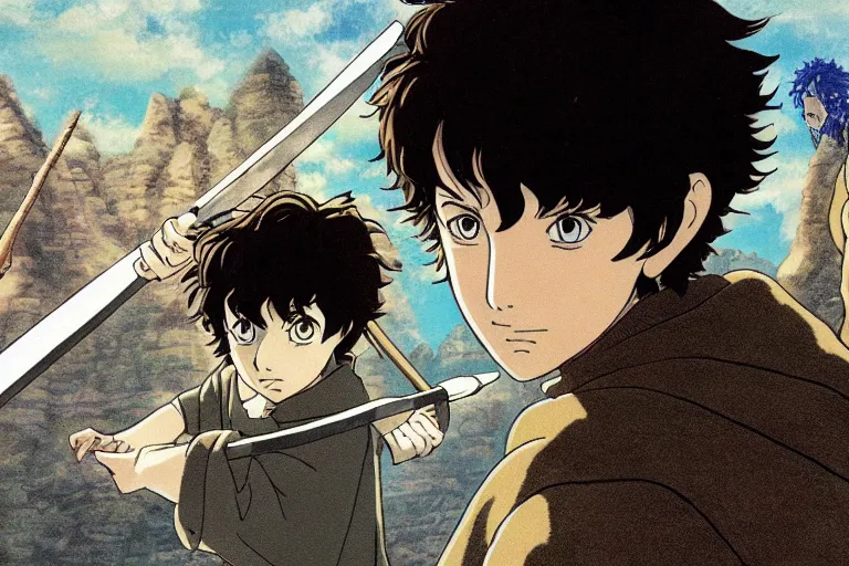 Image similar to frodo in the anime lord of the rings by studio ghibli, movie still frame, very detailed, artwork by hayao miyazaki, kentaro miura, satoshi kon, high quality, sharp image, high resolution, hd, 7 2 0 p, 4 k