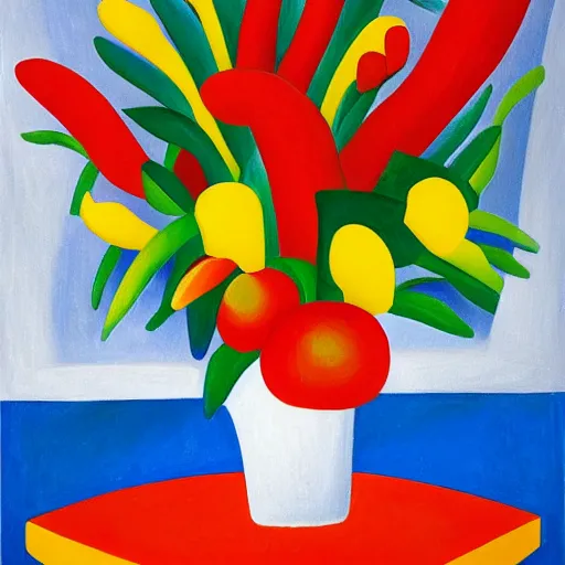 Prompt: a painting of red and yellow flowers in a white vase, a gouache by tarsila do amaral, behance, fauvism, fauvism, oil on canvas, acrylic art