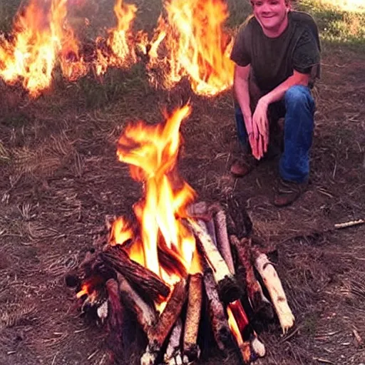 Image similar to photo of hillbilly with long blonde hair around a bonfire