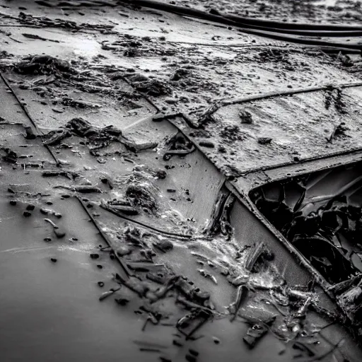 Image similar to crashed cargo ship leaking mysterious black gooey liquid, mysterious black slime, black gooey liquid leaking out of crashed cargo ship, apocalyptic, ruined, container ship, crashed, 8 5 mm f / 1. 4